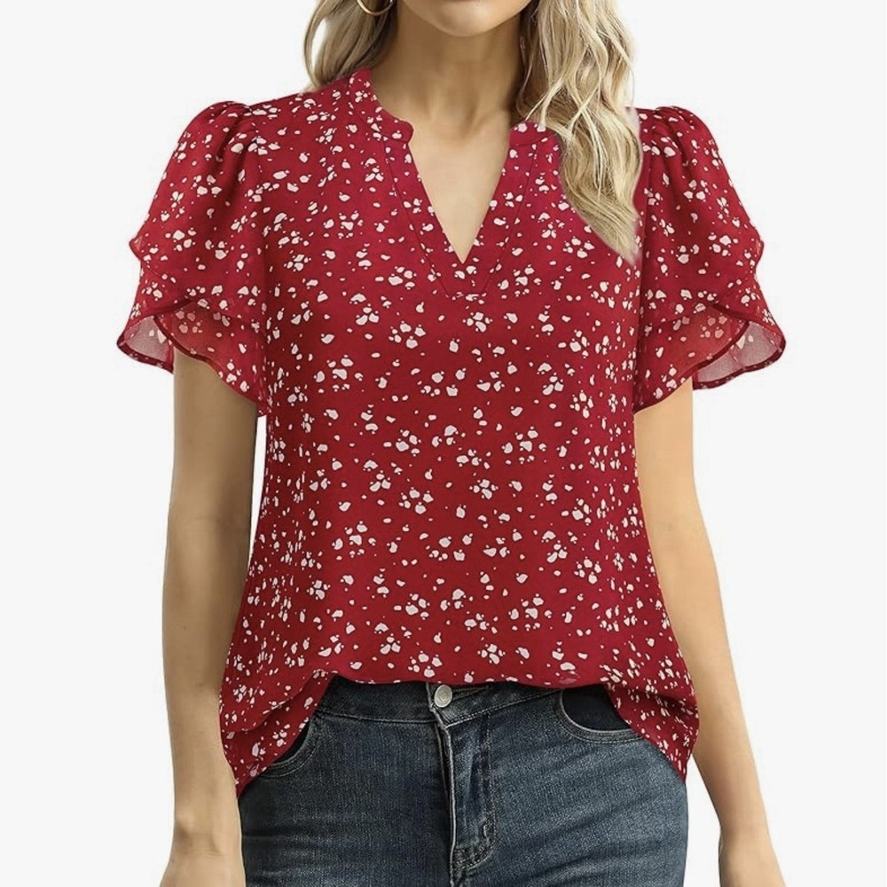 Lotusmile Woman Chiffon Blouse Puff Petal Short Sleeve V Neck Shirt Size L EUC